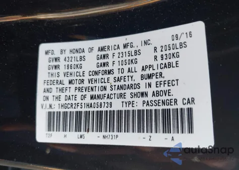 2017 Honda Accord Sport from USA, damaged, VIN 1HGCR2F51HA058739